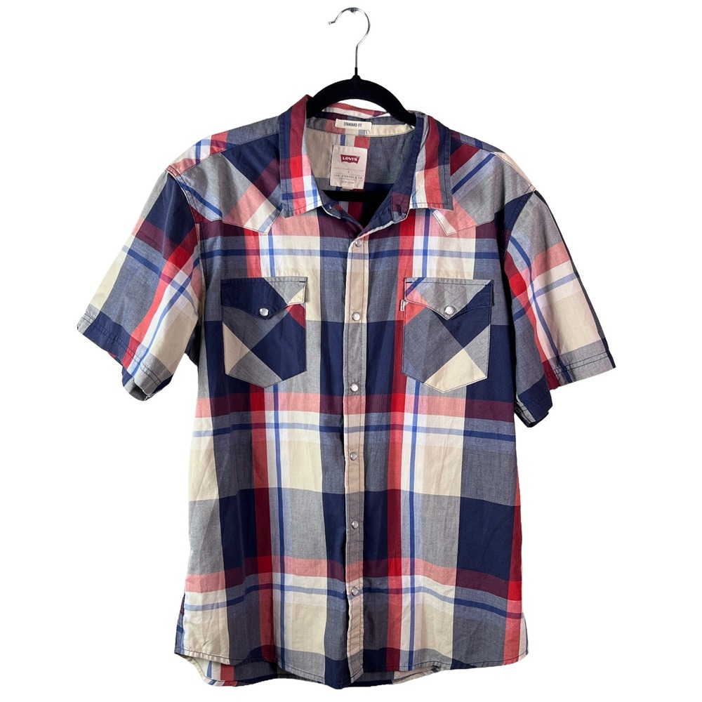 Levi's Men's Short Sleeve Plaid Button-Down Shirt in Navy, Red, Cream